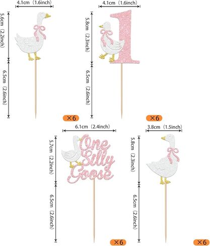 RSSTARXI 24 Pack One Silly Goose Cupcake Toppers Goose 1st عيد ميلاد ديكورات كعكة الوردي اللمعان السخيفة أوزة عيد ميلاد كب كيك للاستحمام الطفل بويز فتيات أول عيد ميلاد ديكورات حفلة in Kuwait