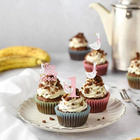 RSSTARXI 24 Pack One Silly Goose Cupcake Toppers Goose 1st عيد ميلاد ديكورات كعكة الوردي اللمعان السخيفة أوزة عيد ميلاد كب كيك للاستحمام الطفل بويز فتيات أول عيد ميلاد ديكورات حفلة in Kuwait