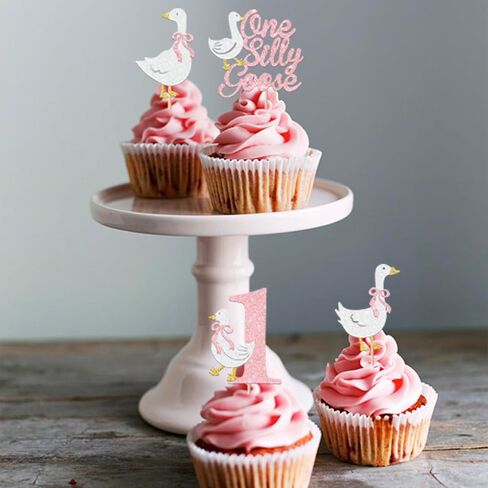 RSSTARXI 24 Pack One Silly Goose Cupcake Toppers Goose 1st عيد ميلاد ديكورات كعكة الوردي اللمعان السخيفة أوزة عيد ميلاد كب كيك للاستحمام الطفل بويز فتيات أول عيد ميلاد ديكورات حفلة in Kuwait
