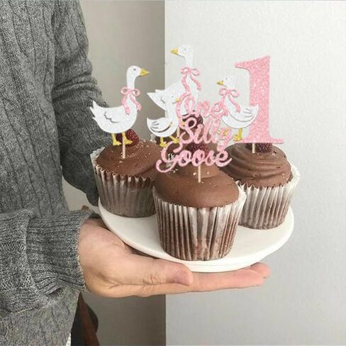 RSSTARXI 24 Pack One Silly Goose Cupcake Toppers Goose 1st عيد ميلاد ديكورات كعكة الوردي اللمعان السخيفة أوزة عيد ميلاد كب كيك للاستحمام الطفل بويز فتيات أول عيد ميلاد ديكورات حفلة in Kuwait