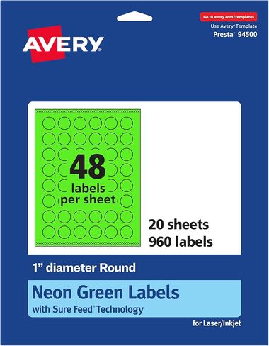 Avery Printable Round Labels with Sure Feed Technology, 1" Diameter, Neon Green Labels, Print-to-The-Edge, Laser/Inkjet, 480 Total, Great for Price Stickers and Mailing Seals in Saudi Arabia