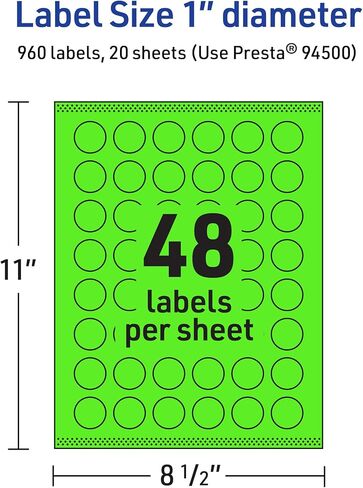 Avery Printable Round Labels with Sure Feed Technology, 1" Diameter, Neon Green Labels, Print-to-The-Edge, Laser/Inkjet, 480 Total, Great for Price Stickers and Mailing Seals in Saudi Arabia