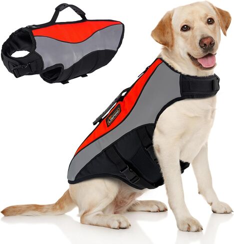 Dog Life Jacket,Adjustable Dog Float Coat,High Flotation Swimsuit for Large Dogs,Reflective Stripes Design,with Rescue Handle, L in Saudi Arabia