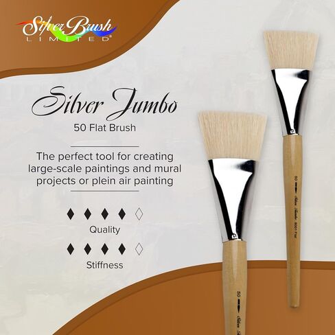 Silver Brush Limited 8001-50 Silver Jumbo White Hog Bristle Flat Paintbrush for Oil, Acrylic, Heavy Body Paints, Gesso & Grounds, Varnish & Top Coat, Size 50, Mid Length Handle in Kuwait