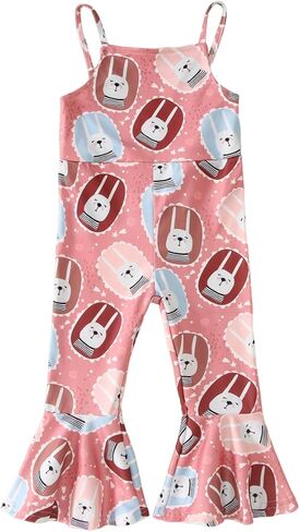 CM C&M WODRO Toddler Baby Girl Easter Bell Bottom Slip Romper Rabbit Print Sleeveless Jumpsuit Kid Cute One Piece Flare Pant in Kuwait