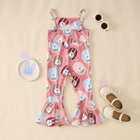 CM C&M WODRO Toddler Baby Girl Easter Bell Bottom Slip Romper Rabbit Print Sleeveless Jumpsuit Kid Cute One Piece Flare Pant in Kuwait