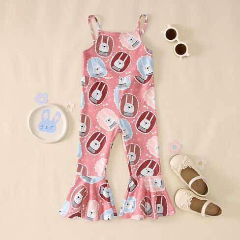 CM C&M WODRO Toddler Baby Girl Easter Bell Bottom Slip Romper Rabbit Print Sleeveless Jumpsuit Kid Cute One Piece Flare Pant in Kuwait