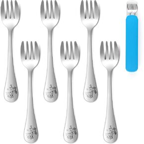 E-far Toddler Spoons, 6-Piece Stainless Steel Kids Utensils Spoon for Baby Self Feeding, Attached Portable Case & Cute Animal Pattern, Solid Metal & Small Size, Rust Free & Dishwasher Safe