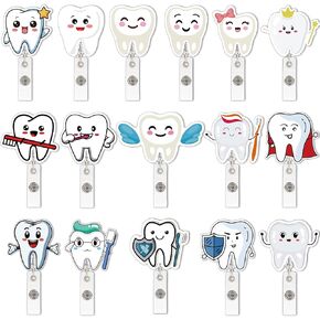 16 Pack Cute Tooth Badge Reel Holder Retractable ID Card Holders Dental Office Accessories Dental Assistant Week Badge Holder with Clip Name Cards for Social Worker Dentist Volunteer Doctor Nurse