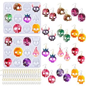 82 PCS Halloween Skuln Carring Moulds kits with roles ، 12 زوجًا من قوالب راتنج السيليكون مع 40 خطافين من الإبوكسي لزخارف الهالوين.