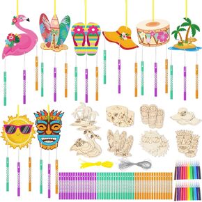 16 Pack Summer Wind Chime Kit Hawaii Craft Make Your Own Flamingos Tiki Surfboard Wind Chime DIY Wooden Hanging Ornaments Painting Craft for Hawaii Summer Family Activities Party Supplies