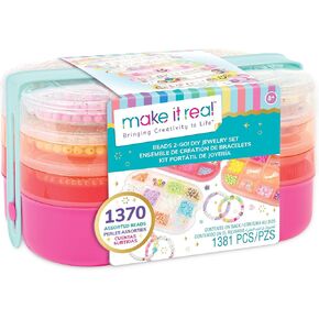 اجعلها حقيقية: الخرز 2-GO! مجموعة مجوهرات DIY - 1381pc ، حالة السفر على طراز Bento ، 1370 حبات ، تصميم وخلق مجوهرات مخصصة ، فتيات وأطفال سن 8+