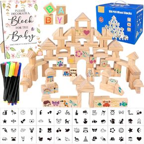 141 Pcs Baby Shower Game Sign Set Includes Decorative Square Signs 100 DIY Blank Wooden Blocks 20 Paint Markers(Garden)