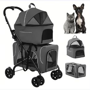 Pet Stroller with 2 Detachable Carriers, Folding Design, Large Capacity for Cats and Small Dogs, Navy, Medium