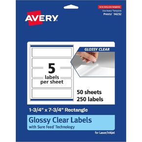 Avery Glossy Clear Rectangle Labels مع تغذية مؤكدة ، 1.75 "× 7.75" ، 50 ملصقات واضحة لامعة ، ملصقات طباعة للطباعة إلى الحافة ، ليزر/حبر قابلة للطباعة
