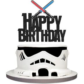 Alien War Darth Vader Happy Birthday Cake Topper, Black Glitter Alien War Cake Decorations, Star Themed Birthday Baby Shower Cake Topper Party Supplies (model 9)