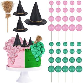 44 PCS Witch Cake Toppers Witch Form Form Party Supplies Baloons Green and Pink Witch Broom و Black Women Witch Hat Cupcake Topcake for Birthday Cake Decoration