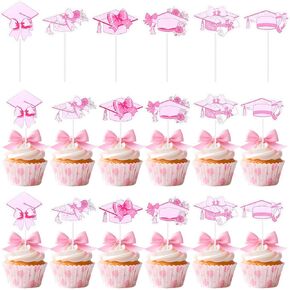 2025 Pink Graduation Cupcake Toppers 36pcs Bow Bow تحت عنوان التخرج لوازم اللوازم المقبلات الغذائية لقطات من فئة 2025 تهانينا ديكور كعكة عيد ميلاد