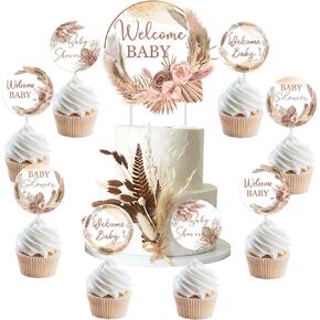 Cheereveal 25pcs Boho Baby Shower Cupcake Toppers ، Boho Pampas Dust Dust Decorations for Girl ، Pampas Grass Cupcake Toppers ، Cake Decorations for Boy Girl Birthdy Party Decoration