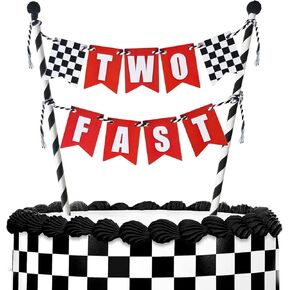 اثنان من الكعكة السريعة ، تزيين الكعكة 2nd Car 2nd ، سنتين أبيض وأسود أبيض وأسود ديكور كعكة عيد ميلاد ، 2s 2s المتقلب العلم لوازم عيد ميلاد لحفلات عيد ميلاد للأطفال