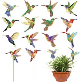 Huwena 12 PCS Paint Hummingbird Diamond Painting for Garden Decor Paind Birds Garden Shake DIY Diamond Art Stakes Kits للبالغين الفتيات المبتدئين الأطفال اللوازم الحرفية