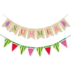 Uniwish Burlap Summer Banner Watermelon موضوع الحفلة إمدادات الصيف زخارف جارلاند بطيخ العلامات الرعاة للاشتعال على شاطئ هاواي خلفية الصورة