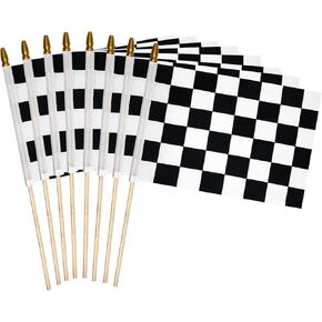 4 PCS 8 × 12 بوصة ، العلم المتقلب ، علم السباق بالأبيض والأسود على عصا الخشب - عصا يدوية مع قمة الرمح الآمنة للأطفال ، زخرفة حفلة للأطفال