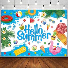 XCKALI Hello Summer Backdrop Summer Pool Hawaiian Tropical Surfboard Party Decoration Cartoon Hello Summer Children Baby Shower Decoration 7x5FT