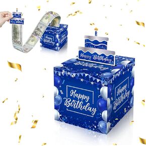 ISOVF Birthday Money Box for Cash Gift, Blue Gold Birthday Money Pull Box & Cash Holder, Surprise Happy Birthday Money Gift Ideas, Party Decor & Supplies-A07