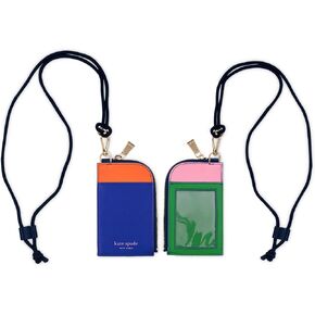 kate spade new york ID Badge Holder with Lanyard, Vegan Leather Slim Card Wallet with Zipper, Name Tag Case for Work, School, or Travel (Colorblock)