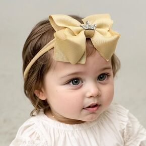 Baby Girls Ribbon Bow Elastic Nylon Headband with Crystal Crown Toddler Bow-knot Stretchy Hair Band Birthday Party Hair Bow Accessories for Newborn Infant (Pink 2, Elastic)