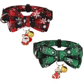 AIEX 2pcs Christmas Cat Collar Breakaway, Christmas Cat Collar with Removable Bow, Bell&Pendant Adjustable Plaid Pet Collar for Kitten Cat (Red, Green)