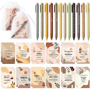 ANGOLIO 72Pcs Boho Spanish Gifts Bulk Include 24 Bible Verses Notebooks 24 Scripture Ballpoint Pens 24 White Organza Bags for Christian Party Gift Spread God's Word for Sunday School Church Visitor