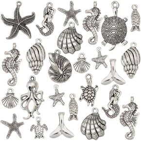 PH PandaHall 90pcs 15 Styles Seaside Ocean Theme Charms, Tibetan Alloy Starfish Turtle Ocean Fish Seashell Mermaid Mini Animal Pendants Beads for DIY Wakiki Hawaii Necklace Bracelet Jewelry Making