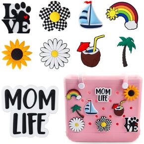 سحر حقيبة BOGG ، 9 أجهزة الكمبيوتر المحلية ، رسائل Mom Life Flowers Summer Beach Charms for Bogg Bag Cute Insert Decoration for Rubber Handbag Beach Facs