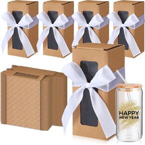 Fulmoon 36 Sets Gift Boxes with Ribbon, Thank You Tumbler Sublimation Glass Exhibition Boxes, Gift Box for 12 16 18oz Valentines New Year Holiday Drinking Glasses Cup (Kraft Paper Color)