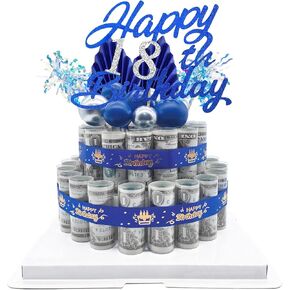 هدية نقد عيد الميلاد الثامن عشر ، عيد ميلاد سعيد ومفاجأة عيد الحب ، كعكة المال DIY ، الفضة الأزرق 18th