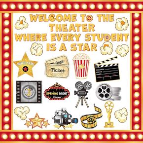 93 Pcs Movie Bulletin Board Set Movie Night Decorations Kit Movie Night Bulletin Board Borders Movie Night Party Cutouts Movie Theater Decor for Home Classroom Back to School Birthday Supplies
