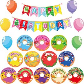 Donut Happy Birthday Bulletin Board Set Donut Holiday Birthday Board Sign Let's Celebrate Happy Birthday Balloon Donut Accents Cutouts for Calendars Festival Bulletin Boards Wall Classrooms Decor