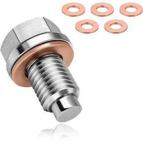 Ziciner M14×1.5 Magnetic Oil Drain Plug, Aluminum Stainless Steel Sump Drain Nut Bolt with 5 Copper Gaskets, Leakproof Replacement Car Accessories Universal for Most Vehicles