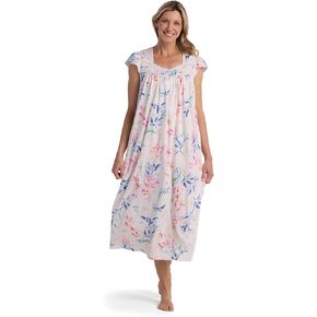 Miss Elaine Silkyknit Long Nightgown - Round Neckline, Short Sleeves, Lace Details, Women’s Sleepwear & Loungewear