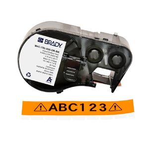 Brady Authentic (M4C-750-595-OR-BK) في جميع طلاء الفينيل الدائم في جميع الأحوال الجوية 0.75 باللون الأسود W × 25 قدمًا على البرتقالي. للاستخدام مع طابعات الملصقات BMP41 و BMP51 و M410 و M510 و M511.