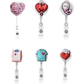 6Pcs Cute Nurse Badge Reel with Retractable Alligator Clip - Perfect Themed Badge Holder with Key Ring Backing for Nurses, Volunteers, Students and Office Workers