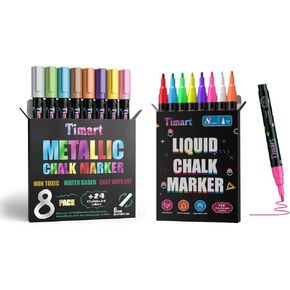 Timart Liquid Chalk Markers, 1MM Fine Tip + 6MM Metallic Dry Erase Chalk Pens