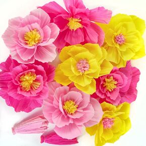 Homarkable Crepe Pape Flowers ، 10 أجهزة كمبيوتر ، زهور صفراء وردية 12 "زهور الورق المصنوعة يدويًا للمكسيكي حفل زفاف عارضات عيد ميلاد الحضانة الحضانة الحافلة في الهواء الطلق ديكور