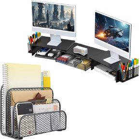 GianoTter Dual Monitor Stand + Book Rack Storage Wshelf (Black)