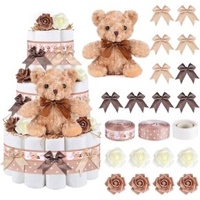 23 PCS حفاضات كيك كيت كيك دش دش الدب ديكورات كعكة الديكور استحمام الطفل مستلزمات كعكة دب تيدي دب حفاضات مجموعة لتوفيات حفلة عيد ميلاد الديكور المركزية (الدب ، كبير)