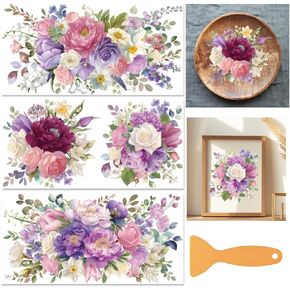 3 Sheets Flower Bouquet Rub on Transfers for Crafts and Furniture 12×6inch Pink Purple Foral Furniture Transfer Stickers for Wood Furniture Cabinet Dressers Home Decor