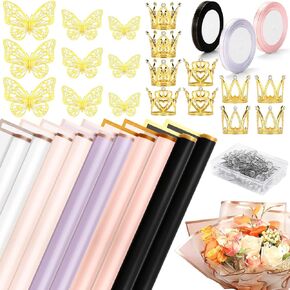 271 Pcs Flower Wrapping Accessories 100 Sheets 5 Colors Valentines Bouquet Wrapping Paper 100 Flower Pins 60 Butterfly Decorations 8 Gold Crowns and 3 Ribbons for Wedding Mother's Day