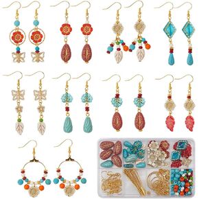 Sunnyclue 1 Box DIY 10 أزواج بوهو تصنيع طقم طقم فيروز سحر الباروكي على الطراز التبتي الطلاء المعدني المعدني أوراق الربيع